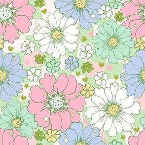 mod, spring, floral, green, pink, flowers, retro, vintage, checkerboard, y2k