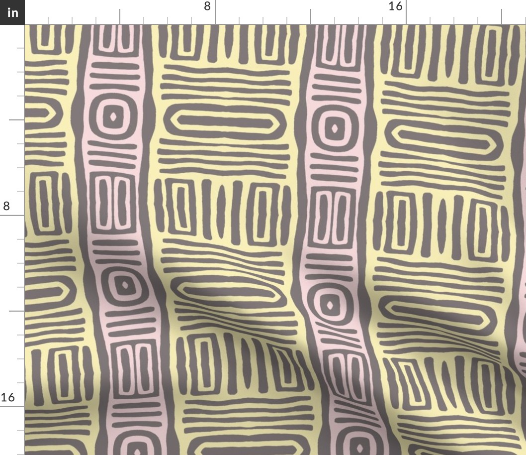 Pastel Yellow Pink Grey Tribal Mudcloth Pattern Smaller Scale