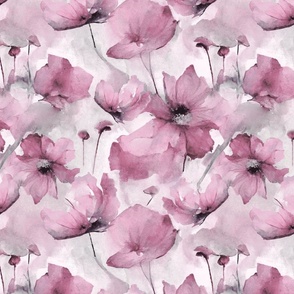 Wild Poppy Flower Loose Abstract Watercolor Floral Pattern Pastel Pink Smaller Scale