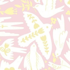 East Fork Butter and Piglet folk flower birds - light yellow and white on soft pink - large