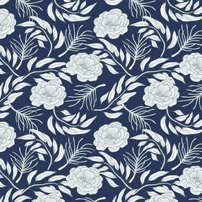 Tropical Line Art Floral in White on Navy