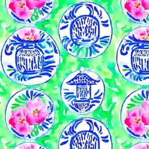 Chinoiserie plates and peonies on vibrant green