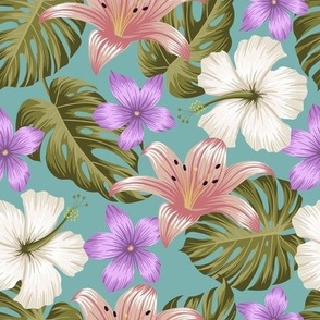 Shimmering Tropical Floral in Lavender and Salmon Pink