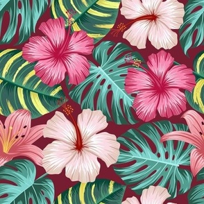 Shimmering Tropical Floral in Pink and Burgundy