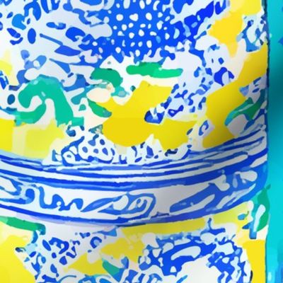 Stacks of yellow and blue chinoiserie jars