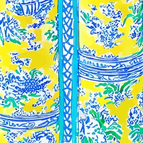 Stacks of yellow and blue chinoiserie jars