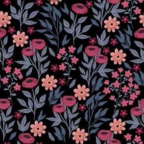 Poppies and Wildflowers in Burgundy and Peach on Black
