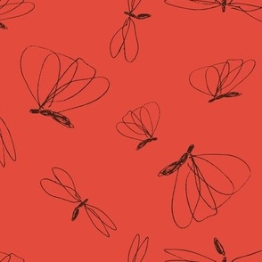 (L) 11 x 8.5 Hand drawn flying doodle bugs, dark oak brown on bright red