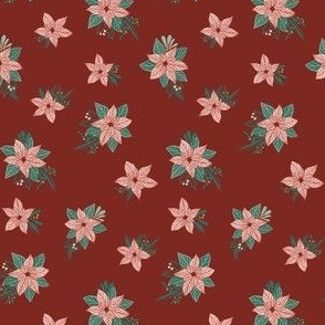 Poinsettia Pink on Berry - Nutcracker's Christmas 3" small scale, ditsy, bow, tiny