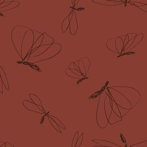 (L) 11 x 8.5 Hand drawn flying doodle bugs, dark oak brown on chilli powder brownish red