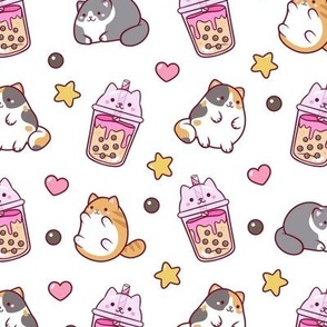 Cute Lounging Boba Tea Cats on White Small