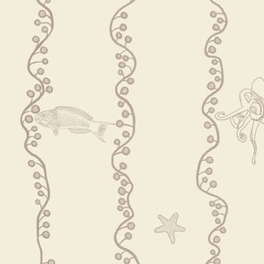 Taupe brown hand drawn fish, sea shells, octopus, sea turtle and star fish