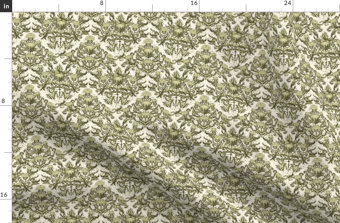 Thistle Damask In Sage Green On Ivory Fabric Spoonflower 9709