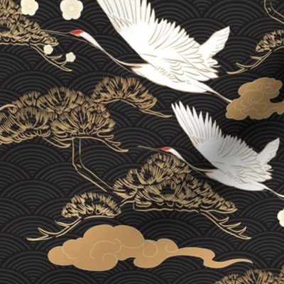 Japanese Cranes in White and Gold on Black Waves