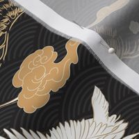 Japanese Cranes in White and Gold on Black Waves