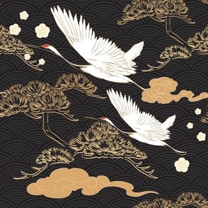 Japanese Cranes in White and Gold on Black Waves