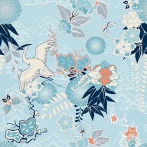 Japanese Crane Floral on Sky Blue Waves