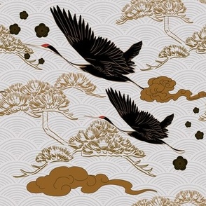 Japanese Cranes in Black and Gold on White Waves