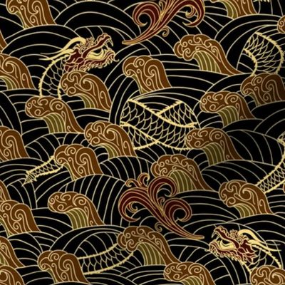 Asian Dragons and Swirling Waves in Bronze on Black