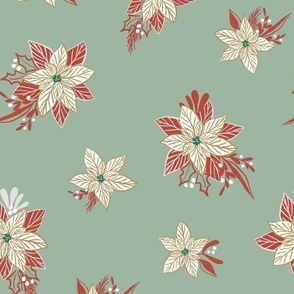Poinsettia white and gold on Frosty Green 12" large Scale