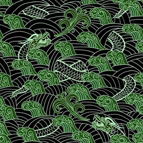Asian Dragons and Swirling Waves in Green on Midnight Blue