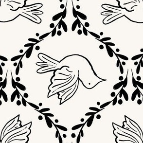 Doves 12" on snow - vintage inspired retro Christmas nostalgia - black and white, light