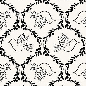 Doves 6" on snow - vintage inspired retro Christmas nostalgia - black and white, kids, light