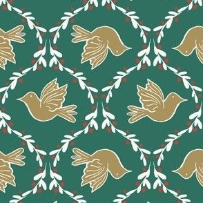 Doves on Mistletoe Green 6" large scale vintage inspired retro Christmas nostalgia