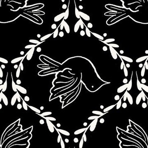 Doves 12" on coal - vintage inspired retro Christmas nostalgia - black and white