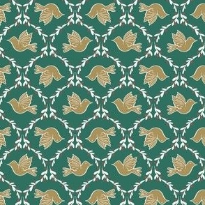 Doves on Mistletoe Green 3" small scale, tiny, bows vintage inspired retro Christmas nostalgia