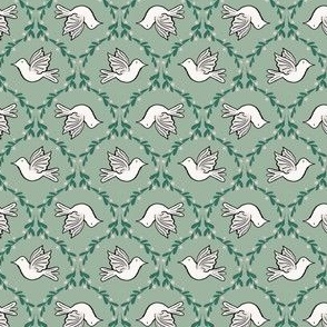 Doves 12" on Frosty Green - vintage inspired retro Christmas nostalgia - mint, green, bird,