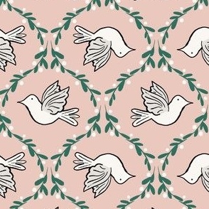 Doves 12" on Festive pink - vintage inspired retro Christmas nostalgia - pink, bird,