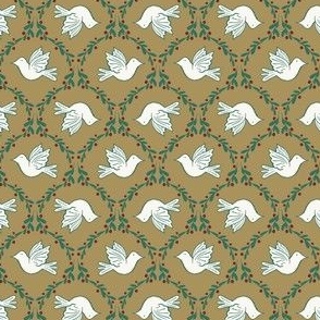 Doves 3" on vintage gold - vintage inspired retro Christmas nostalgia - white, bird, gold, green