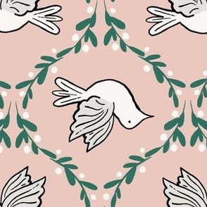 Doves 12" on Festive pink - vintage inspired retro Christmas nostalgia - pink, bird,