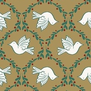 Doves 6" on vintage gold - vintage inspired retro Christmas nostalgia - white, bird, gold, green