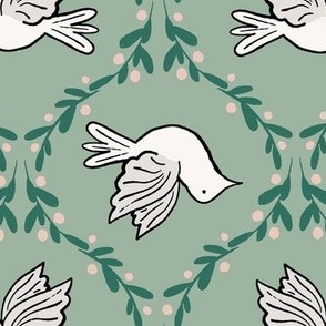 Doves 12" on Frosty Green - vintage inspired retro Christmas nostalgia - mint, green, bird,