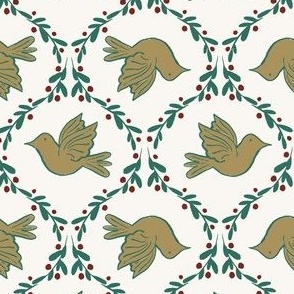 Doves 6" on snow - vintage inspired retro Christmas nostalgia - white, bird, gold, green