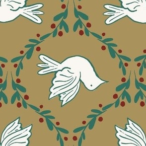 Doves 12" on vintage gold - vintage inspired retro Christmas nostalgia  - white, bird, gold, green