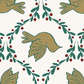 Doves 12" on snow - vintage inspired retro Christmas nostalgia - white, bird, gold, green