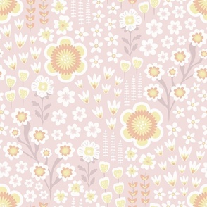 Meadow Floral Garden Wallpaper - Butter Yellow and Piglet Pink