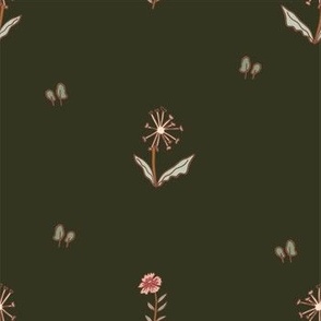 Hand Drawn Dandelion and Botanical with Dark Olive Background