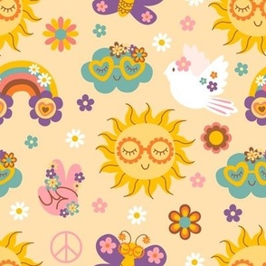 Retro sun, cloud, rainbow, butterfly on a yellow background