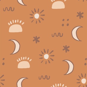Hand Drawn Boho Sun and Moon with Terracotta Background