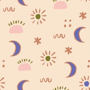 Hand Drawn Boho Sun and Moon with Beige Background