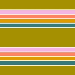 Retro four stripe in peachy pink, mustard, pink, teal, white and chartreuse