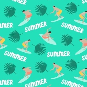 Summer surfers with tropical leaves