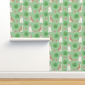 Funny summer Akita Inu tropical leaves watermelon on green