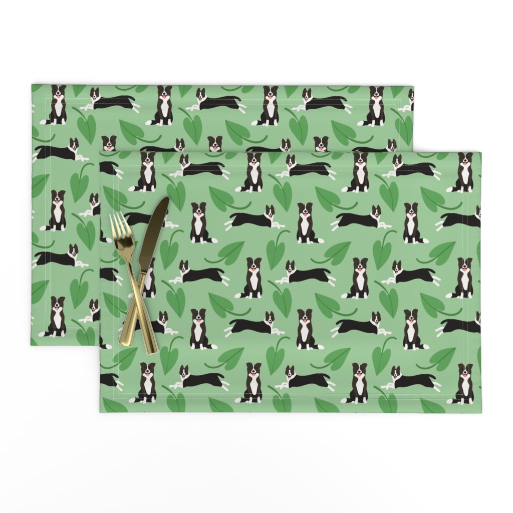 Cute border collie dogs with green leaves on green