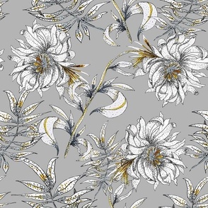 Decorative graphic peonies on a gray background