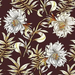 Decorative graphic peonies on a burgundy background
